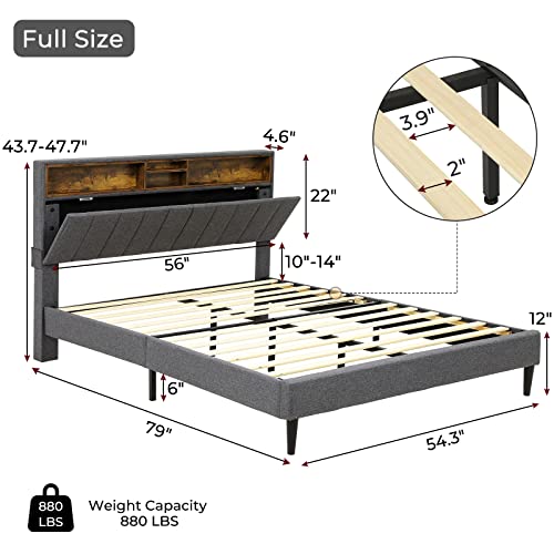 Tiptiper Full Size Bed Frame With Outlets, Platform Bed Frame With Storage Headboard And Height Adjustable, Fabric Upholstered Bed With Wooden Slat Support, No Box Spring Needed, Dark Grey #TOP2