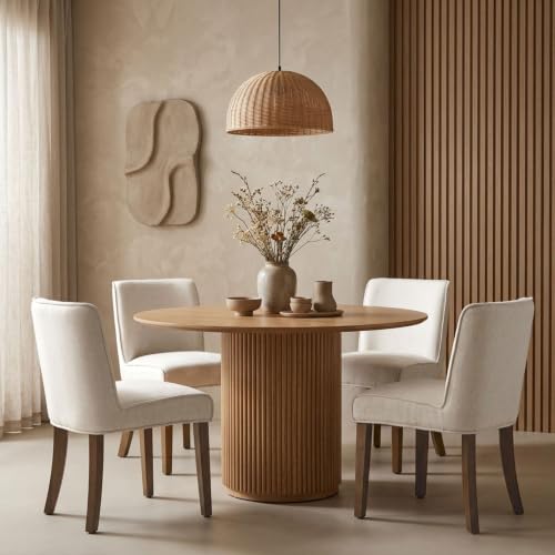 Image of Mid-Century Dining Chairs Set of 4, Linen Fabric Solid White Kitchen Chairs with Walnut Wood Leg Cushioned Back Modern Rustic Side Chairs for Living Room /Kitchen /Dining /Restaurant