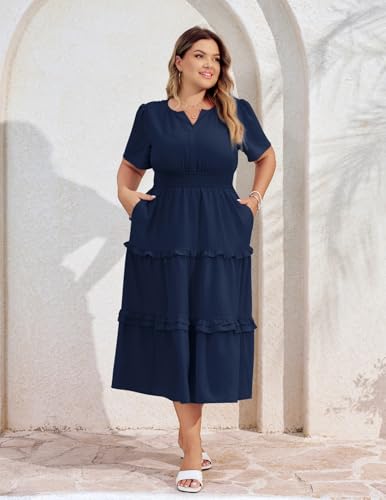 Image of Hanna Nikole Women's Plus Size Summer Casual Dress 2025 V Neck Empire Waist Tiered Flowy Beach Vacation Dress with Pockets