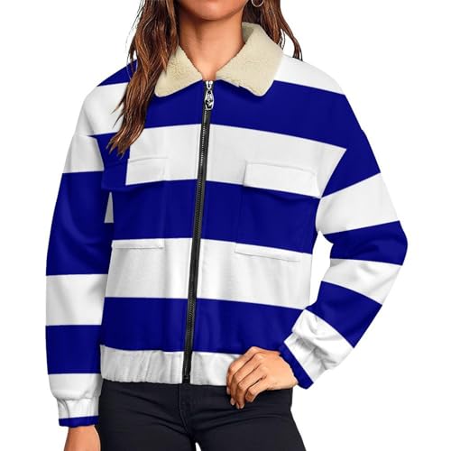 Manteau polaire a drapeau grec femme hiver rayé bleu blanc