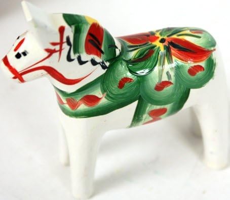 Traditional Wooden Swedish Dala Horse, Hand Painted Christmas Figurine, White, 2" (5 cm)