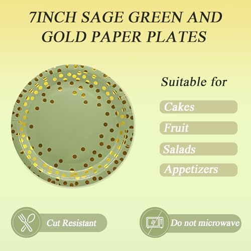 DTGDASCF Happy Birthday Paper Plates and Napkins - 7 Inch Sage Green Gold Dot Paper Plates and 6.5 Inch Napkins with 6.3 Inch Forks Disposable Tableware Set for Birthday Party Decorations - Image 5