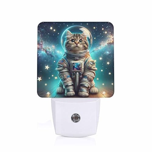 Image of LED Night Light,Kawaii Funny Astronaut Cat LED Night Light Plug into Wall with Dusk to Dawn Light Sensor White Energy Efficient Nightlight for Bedroom Bathroom Hallway Living Room Kitchen