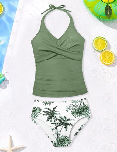 Image of Girls Swimsuits 2 Piece Halterneck Bathing Suit Criss Cross Ruched Printed Tankini Swimwear Set for 9-16 Years