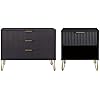 Manhattan Comfort Dumbo 2 Piece Modern Set, 3 Drawer Dresser & 1 Drawer Nightstand with Fluted Ribbed Front, Gold Metal Legs, No Tool Assembly, Storage Cabinet for Bedroom or Living Room in Black