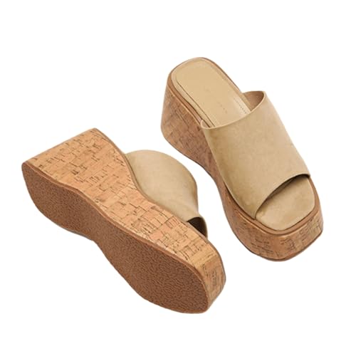 Faux Wood platform Cork slides sandals for Womens Suede wide Band Square Toe with Comfort Memory Foam Wood Grain Chunky Wedge Slip-On Mule Sandals for Casual Walking & Beach4
