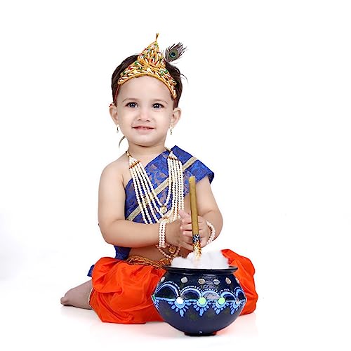 Image of ITSMYCOSTUME Krishna Dress for Baby Boy Kids Set of 10(Dhoti,Hip Cover,Patka,Mukut,Morpankh,Bansuri,Kamarband,Bajuband,Kundal) Little Krishna Ji Kanha Janmasthmi Costume