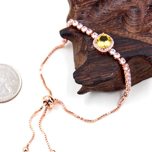 Image of Rose Plated Gold Brass Box Chain Cubic Zirconia Classic Tennis Slider Adjustable Bracelet, Round Big Zircon Charm Give Woman Mom Mother's Day Fashion Crystal Gift