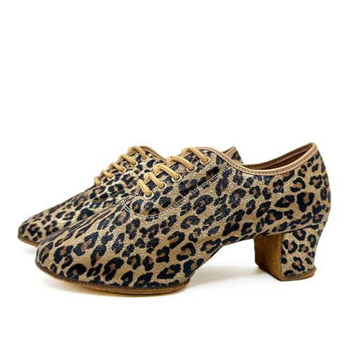 Swdzm RE-KCMD-LEOPARD-5-LDM-40 Women'S Latin Dance Shoes Lace-Up Ballroom Modern Salsa Closed Toe Training Practice Dance Shoes,Leopard,Heel 2 Inch,Split Suede Sole,8 Us thumb #1