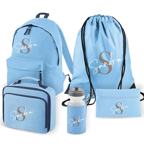 Personalised Kids Backpack 5 Piece Set for School Kit with Custom Name & Initial Rucksack Lunch Bag, PE Bag, Pencil Case & Water Bottle Ideal for Children, Girls And Boys Starting Primary School