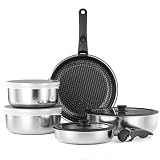 RIOVARM Acero inoxidable Juego de ollas y sartenes Inducción con asas Desmontables Cerámica Antiadherente Apilable Sartenes y ollas con Tapas Apto para hornos Apto para lavavajillas Sin PFOA