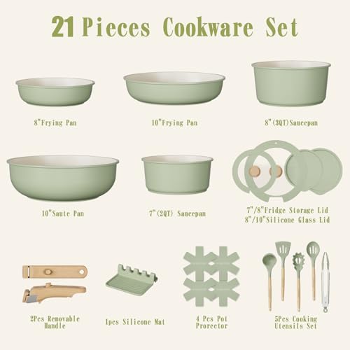 Image of Umite Chef Non Stick Pots and Pans Set, 21 Pcs Ceramic Kitchen Cookware Set with Detachable Handle, Nonstick Healthy Induction Cookware, Dishwasher RV Cookware Set, Oven Safe, Stackable, Sage Green