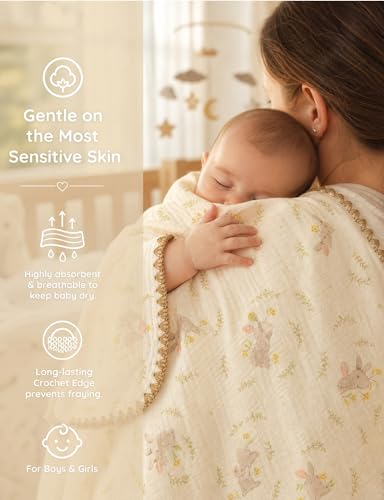 Image of Baby Blanket 40x40 Inches,Muslin Cotton and Minky Dotted Double Layer Soft Receiving Blanket for Newborn Toddler,Meadow Bunny