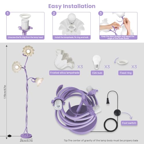 Vintage 3 Heads Flower Floor Lamp for Living Room,3 Color Modes LED Modern Corner Standing Lamp with Goosenecks, Bright Tall Cute Dimmable Lamp for Kids Reading Girls' Bedroom Office Home Decor Purple