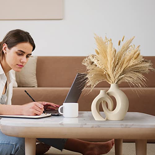 White Ceramic Vase Set Of 2 For Modern Home Decor, Round Boho Donut Vase For Pampas Grass, Neutral Minimalist Vase For Dining Room Table Centerpiece Dining Room, Living Room, Wedding Table Decoration #TOP7