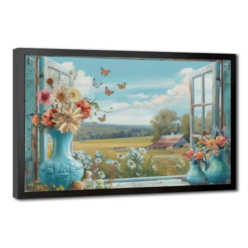 Rustic Farmhouse Viewed through Open Window with Flower Vases Wrapped