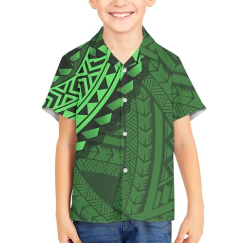 GLUDEAR Kids Boys Traditional Polynesian Printed Short Sleeve Summer Beach Button Down Hawaiian Shirts 3-16T3