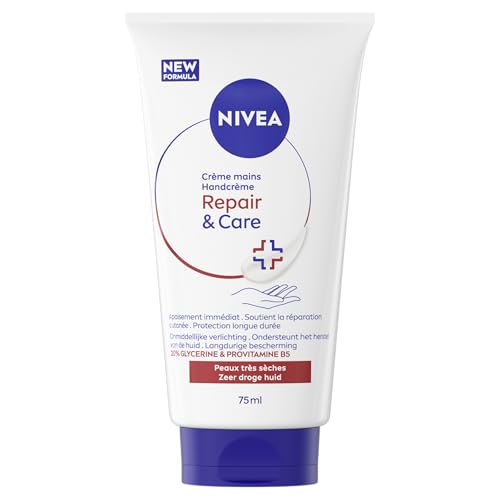 NIVEA Crème Mains 3 en 1 Repair & Care 75 ml – Réparation intense Peaux Très Sèches & Rugueuses – 20% Glycérine & Pro‑Vitamine B5 – Soin Hydratation jusqu’à 72h – Non grasse
