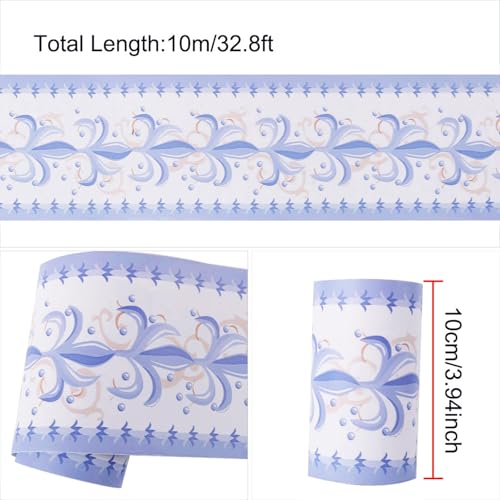 Cenefa de papel de pared autoadhesiva Sourcingmap con diseño de flores azul y blanco 3
