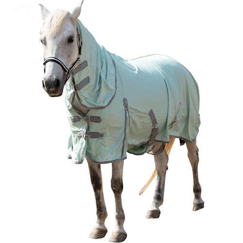 Image of Horse Fly Sheet with Detachable Neck Cover & Belly Wrap, Adjustable Fly Sheet for Horses, Ventilated Airflow Mesh Equine Cooling Summer Flysheet Green 78