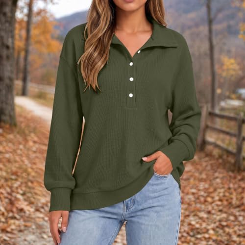 XINGJIAARTS Waffle Knit Tops For Women Button Up Long Sleeve Sweatshirt Casual Y2k Collared Pullover Streetwear Fall Outfits Army Green XX-Large (xx_l) - image 2