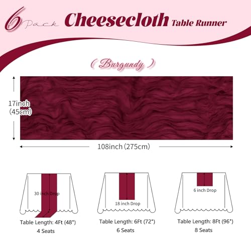 ACSUIT 6 Pack Burgundy Cheesecloth Table Runner, 17 x 108 inch, Semi Sheer Boho Cheese Cloth Fabric Table Runner Bulk for Wedding, Birthday, Party, Holiday, Home Decor (Burgundy) by ACSUIT - Image 3