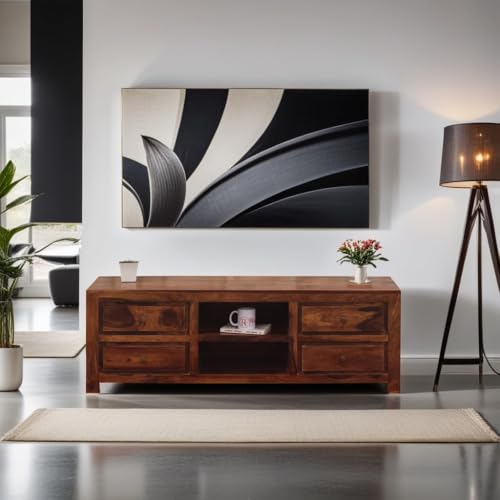 Image of Solid Wood TV Unit for Living Room 55 Inch Furniture - Wooden TV Unit with Storage Cabinet with 4 Drawr, 2 Shelves Wooden TV Cabinet for Living Room - Fits up to 55-Inch TV (Jayden)