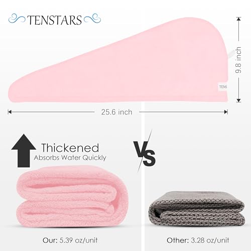 TENSTARS 5 Pack Thicken Microfiber Hair Towel Wrap for Women - Elastic Loop Design - 320GSM Coral Velvet - Quick Dry Hair Turban - 11x28 Inch (Pink)