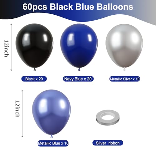 Image of KBZVNAF Black Blue Silver Latex Balloons - 60 Pack 12 inch Royal Blue Black Metallic Blue Silver Party Balloons for Birthday, Baby Shower, Graduation Party Decorations