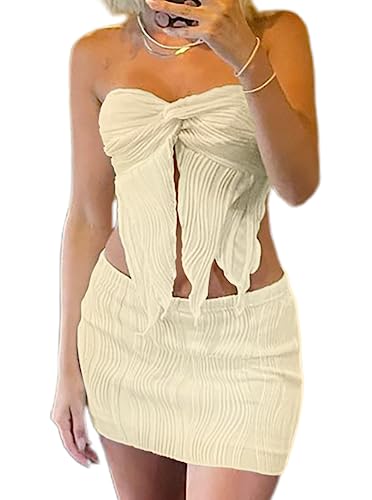 CSDAJIO 2 Piece Outfits for Women Twist Front Split Hem Asymmetrical Textured Crop Top and Bodycon Mini Skirt Set Beige Medium
