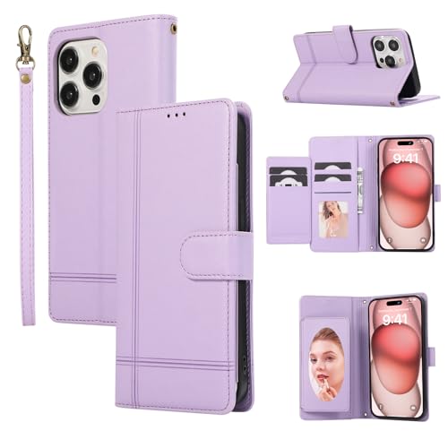 Specchio Custodia Compatible con iPhone 13 6.1 - Tinta Unita Portafoglio Wallet Case + Cover Magnet Supporto con Cordino Libro Flip Tasca per 13 6.1 ZJ -Purple pelle