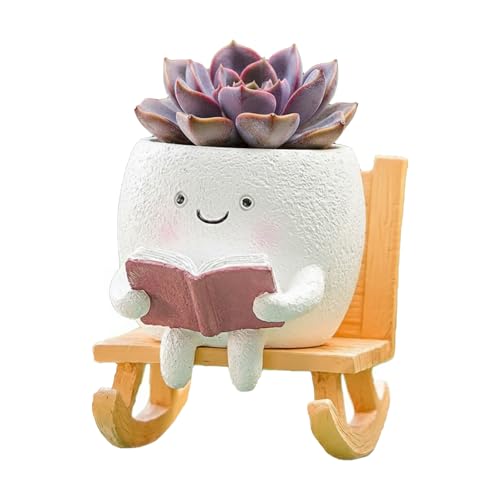 Yhupl Adorable Smiley Face Reading Flower Pot Unique Rocking Chair-Style Resin Plant Pot with Drainage Holes Suitable for Indoor/Outdoor Planting and Home Decor (A)