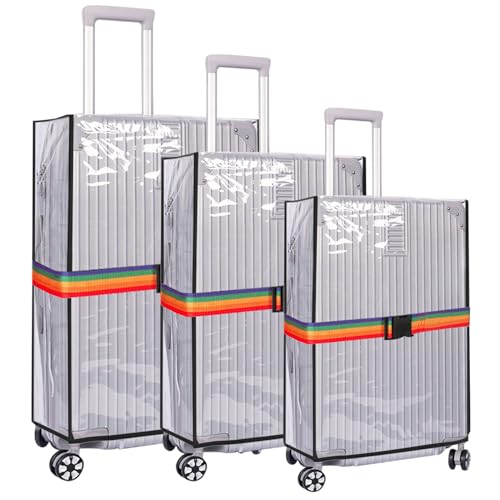 3PCS Waterproof Luggage Protective Cover with Colorful Straps Clear Suitcase Cover Protectors PVC Transparent Travel Dustproof Luggage Sleeve Protector(20 Inches, 24 Inches, 28 Inches)