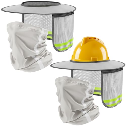 2 Set Hardhat Sun Shade, Hard Hat Visor Sun Shade Full Brim with Mesh Cape and Neck Gaiter, Hard Hat Sun Shield with Reflective Strip for Construction Workers Outdoor Summer Protection (Grey)