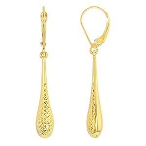 14k Yellow Gold Textured Teardrop Dangle Drop Earrings, 6mm, Yellow Gold