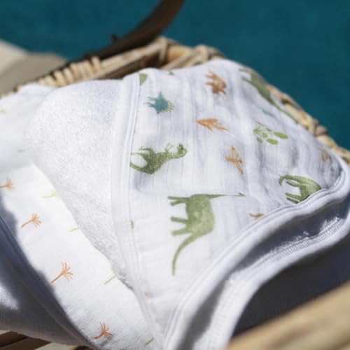Image of aden + anais Essentials Hooded Baby Bath Towel, Super Soft 100% Cotton, 2 Pack, Dino Jungle