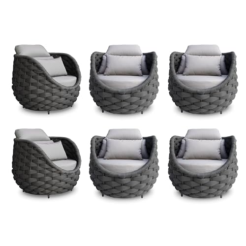 Erotr 6 Pcs Woven Rope Outdoor Chair: Aluminum Patio Accent Chair with Arms - Assembled Cushioned Lounge Chair For 400lbs - Morden Porch Furniture Seating for Deck Balcony Garden Backyard Hotel Resort
