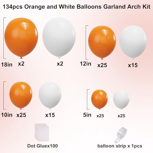 Image of YMSZ Orange Balloons Arch Kit, 134pcs Orange and White Balloons for Birthday, Graduation, Baby Shower Party Decorations