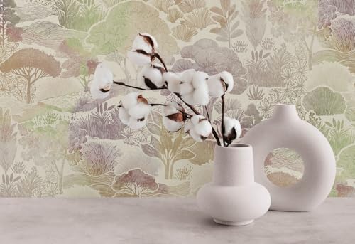 Papel pintado bosque lavable para tapar imperfecciones en paredes crema y verde 7