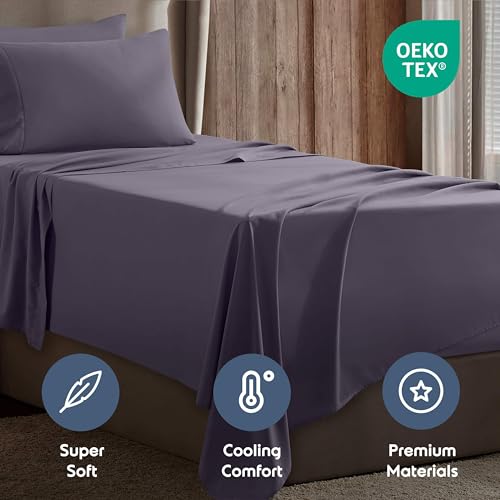 Image of Nestl Twin XL Bed Sheet Set - Grayish Purple - 3-Piece Deep Pocket | Instantly Soft, Night-One Ready (No Wash Required). Fits 16-Inch Deep Pockets, 360-Degree Elastic Grip