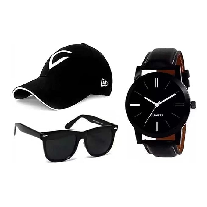 Men's Gift Set: Watch, Cap & Non-Polarized Round Sunglasses Combo - Birthday Present, Pack of 3, 6001, Black-image-49