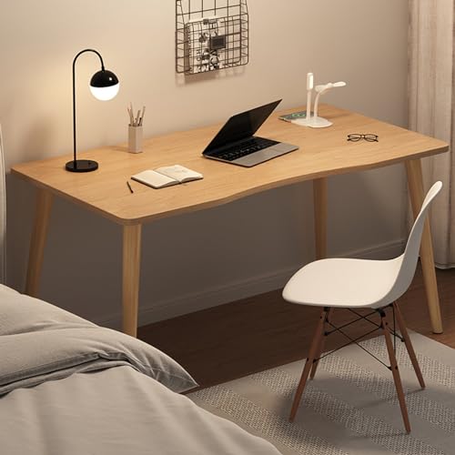 27.6" Small Computer Desk, Desktop Student Study Table with Solid Legs, Ergonomic Arched Design Writing Table, Wood PC Work Student Learning Writing Desk for Home Office Wooden Color