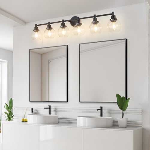 Image of 6-Light Bathroom Light Fixture Black Vanity Lights Over Mirror Modern Wall Sconce Farmhouse Vintage Bathroom Vanity Lighting with Glass Shade for Bedroom Hallway Cabinet Bathroom