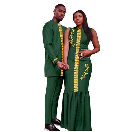 African Couple Clothing Sleeveless Women's Dress with Men's Suit Bazin Riche Attire Set for Wedding