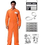 CLIUNT Orange Prisoner Costume, Prison Jumpsuit, Costume Jail Onesie with ID Tag, Handcuffs, 3 Tattoo Stickers and a Transfer Digital Sticker, for Adult, Carnivals, Cosplay Party