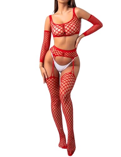 ROSVAJFY Women’s Fishnet Lingerie Set Mesh Lace Top and Garter Belt with Mesh Stockings Sexy Hollow-Out Sleepwear Evening Wear Boudoir Outfit (Red, One Size)