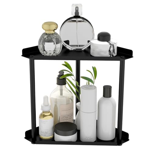 Image of FLE Corner Bathroom Counter Organizer, Bathroom Organizer Countertop Black | 2 Tier Corner Shelf, Tabletop Mount,Waterproof solid shelf fits bathroom toiletries and kitchen condiment storage.