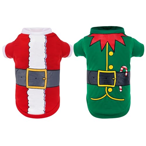 2 Pack Christmas Dog Shirts Santa Elf Print Christmas Outfit Santa Costume Pet Apparel for Small Dogs and Cats (Small)