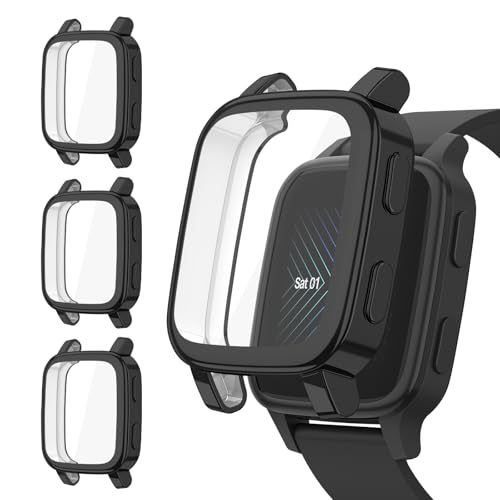 Amzpas Cases for Garmin Venu Sq/Venu Sq 2/ Venu Sq music/Venu Sq 2 music Screen Protector, All-Around Cover Anti-Scratch Bumper (Black+Black+Black)