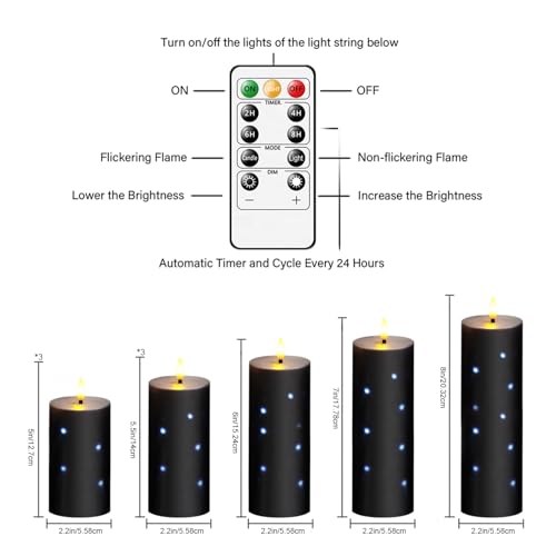Nimiko Flickering Flameless Candles with Remote Control and Timer Set of 5 Pc Real Wax LED Pillar Candles, Battery Operated Candles（D2.2×H5/5.5"/6"/7"/8"） Halloween Decorations Home Decor （Black）
